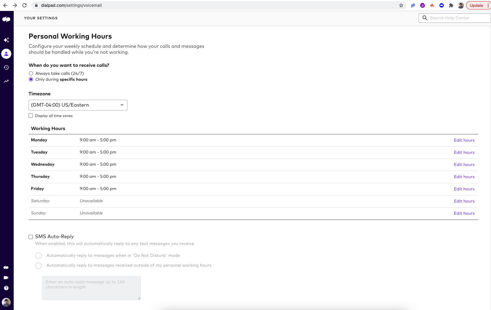 setting working hours in dialpad