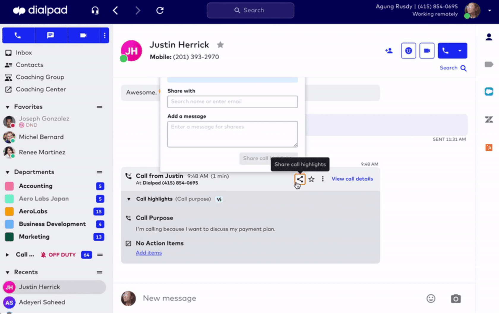 sharing action items in dialpad