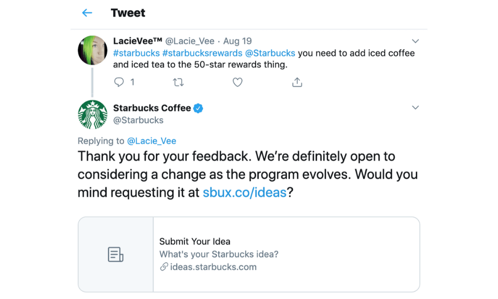 starbucks customer suggesting new rewards idea