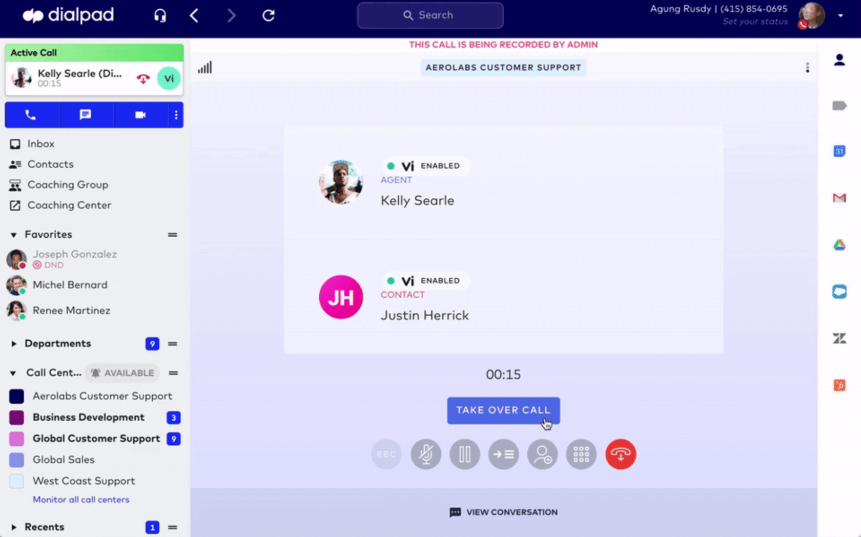 taking over an agent's call in dialpad contact center