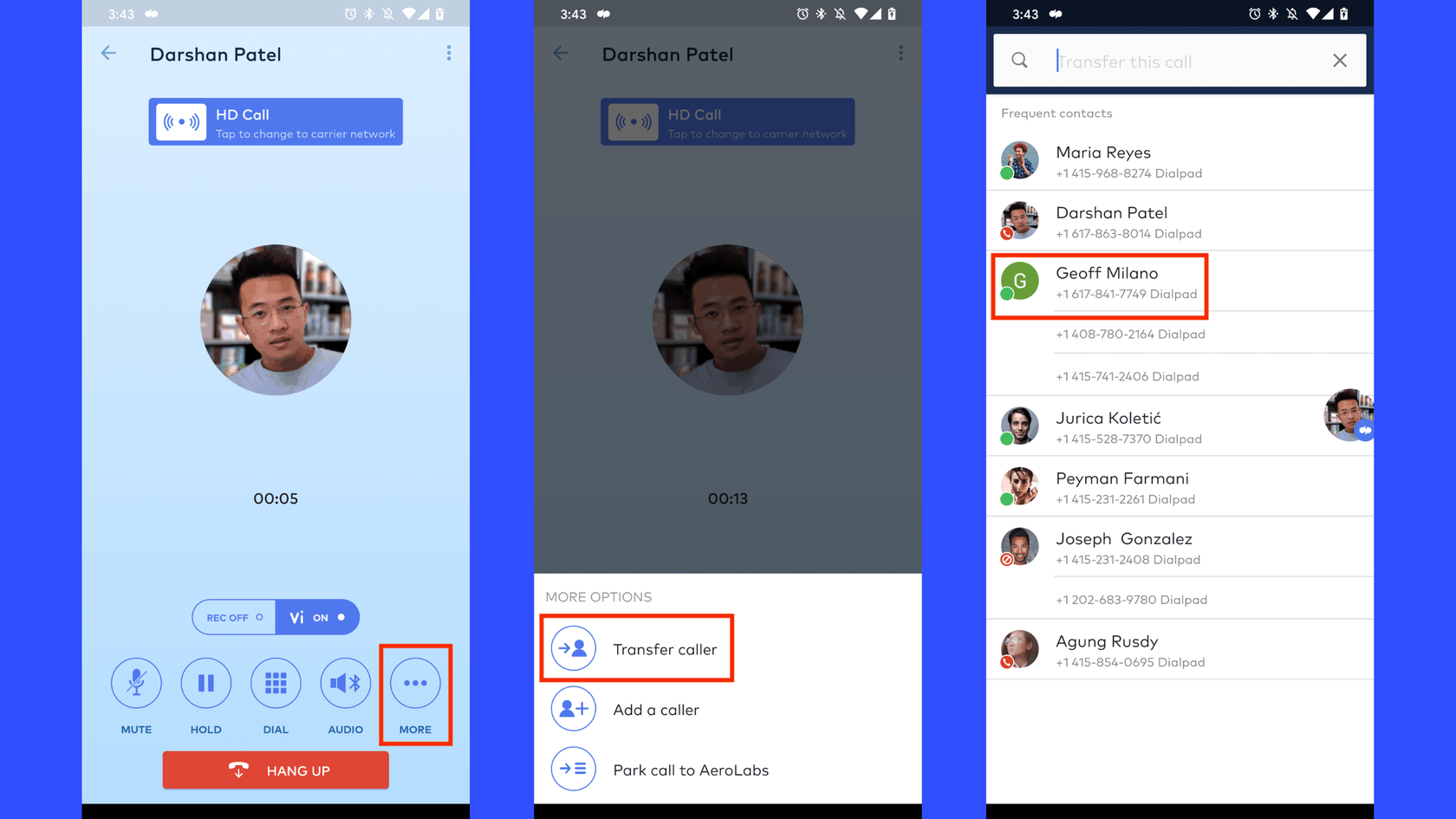 transferring a call in dialpad android app