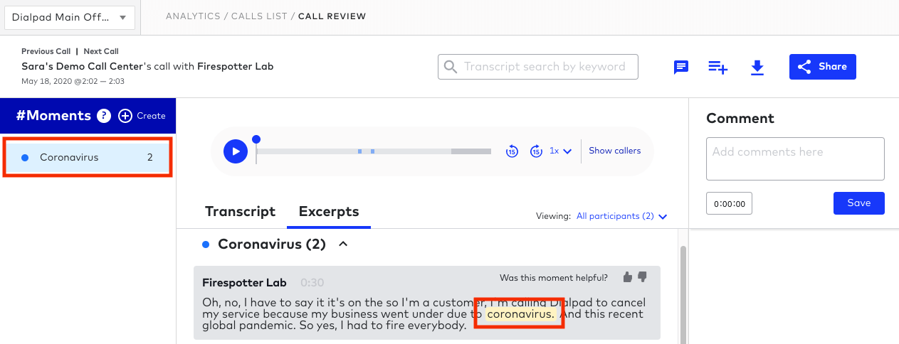 reviewing a call with custom moments in dialpad