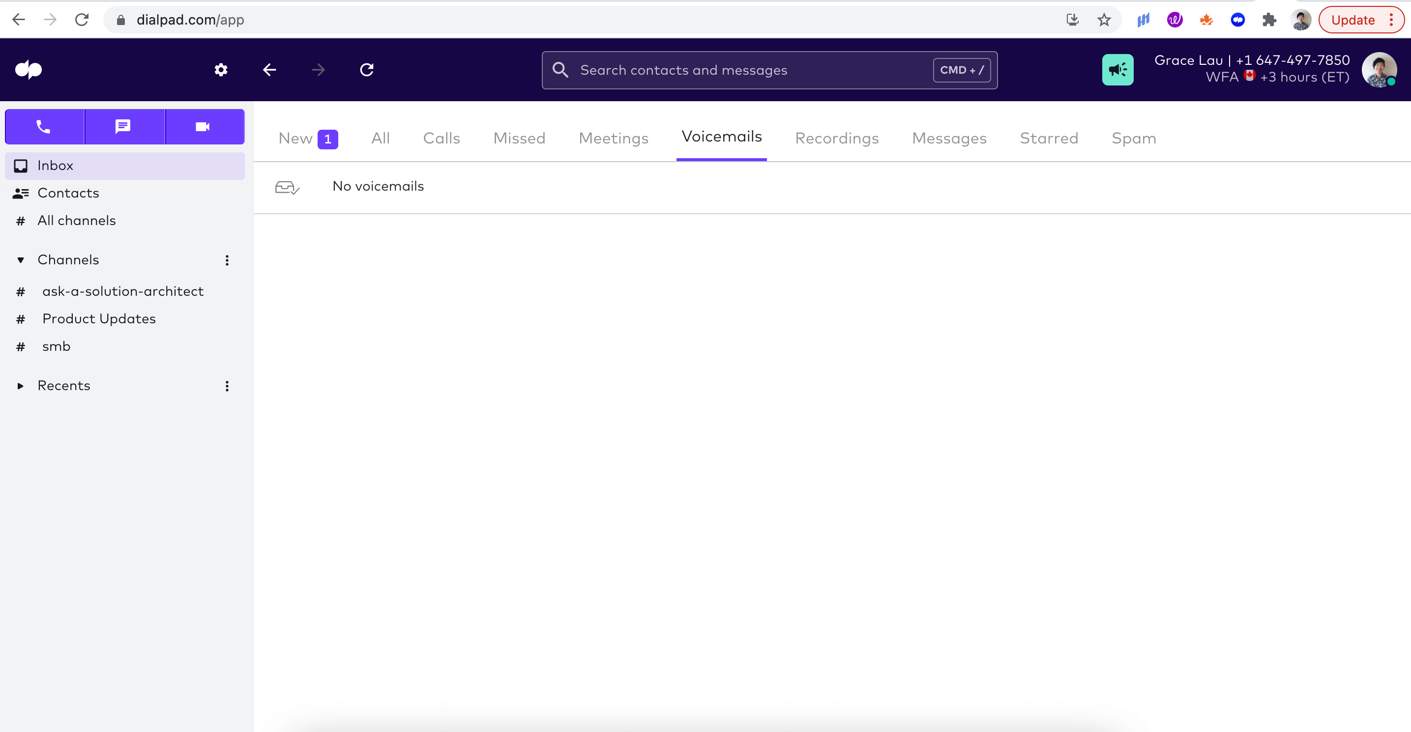 Web based voicemail browsing in dialpad