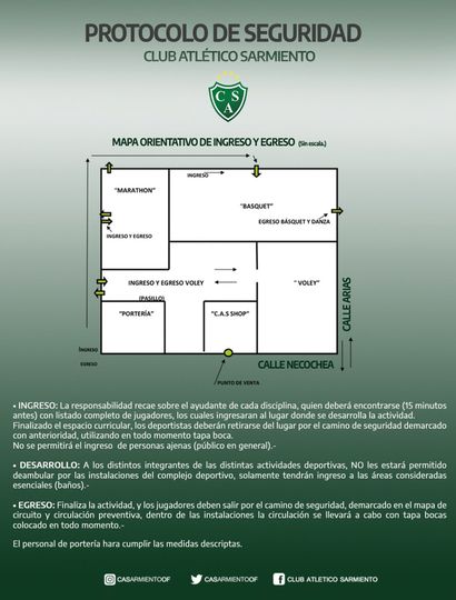 La dirigencia del Club Sarmiento de Junín informó sobre el protocolo a cumplirse en la entidad cuando vuelvan las distintas actividades deportivas.