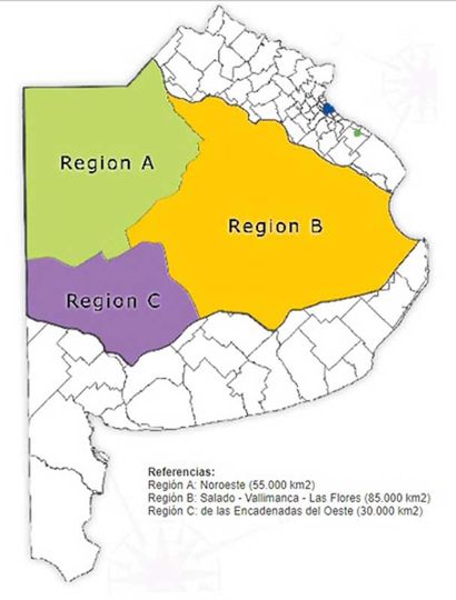 La cuenca abarca tres regiones hídricas: Noroeste; Salado – Vallimanca – Las Flores y Las Encadenadas del Oeste.