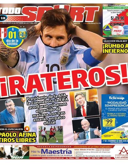 “Rateros”, la particular tapa de un diario peruano en la previa al choque frente a Argentina