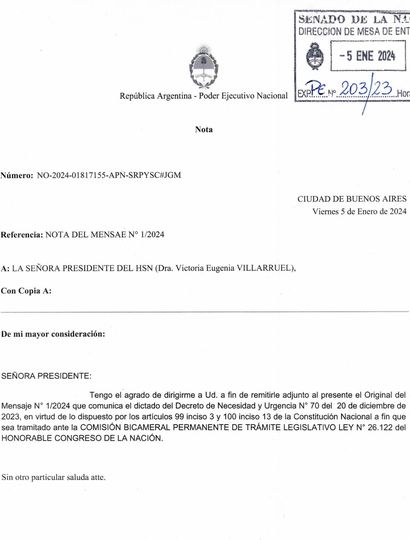 El mega DNU de Milei ingresó al Congreso por el Senado