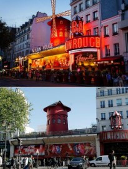 El Moulin Rouge con las aspas (arriba) y luego del incidente (abajo).
