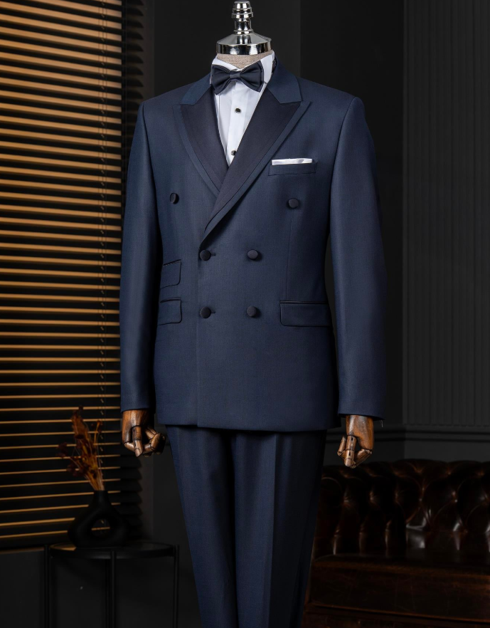 İtalyan stil slim fit kruvaze ceket pantolon damatlık set lacivert