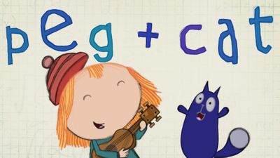 Cartoon girl with orange hair playing a ukulele next to a smiling blue cat, with the title "peg + cat" above them on a grid-pattern background.
