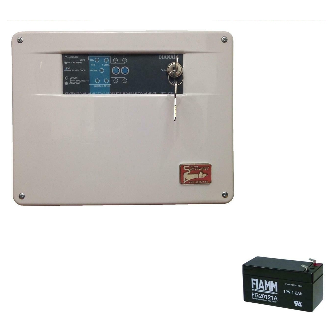 DIANA CENTRALE 2 ZONE ALLARME CHIAVE MECCANICA BATTERIA SECURVERA SH-D1FCDB2ZFD