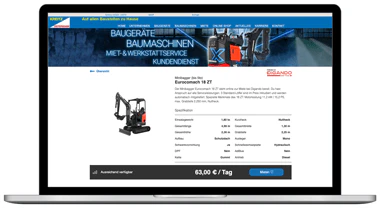 Notebook mit Vermieter Website von Kreitz & Ostermann mit eingebundenem Digando Widget, Detailansicht Minibagger