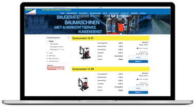 Notebook mit Vermieter Website von Kreitz & Ostermann mit eingebundenem Digando Widget, Listendarstellung Minibagger