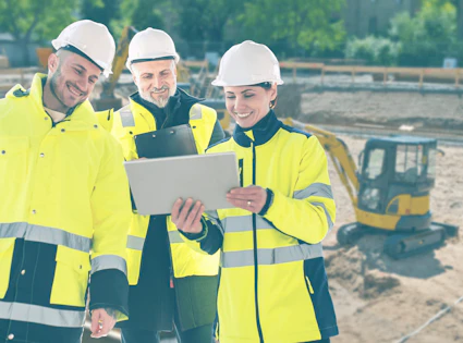 Frau mit gelber Jacke, Bauhelm und Tablet vor Baustelle mit gelben Baggern