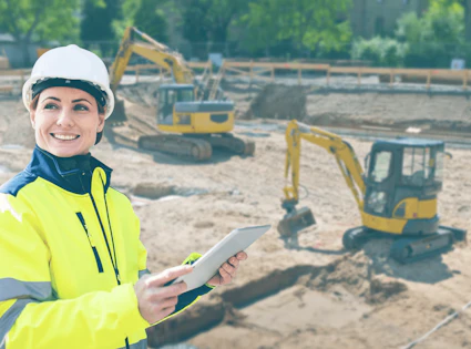 Frau mit gelber Jacke, Bauhelm und Tablet vor Baustelle mit gelben Baggern