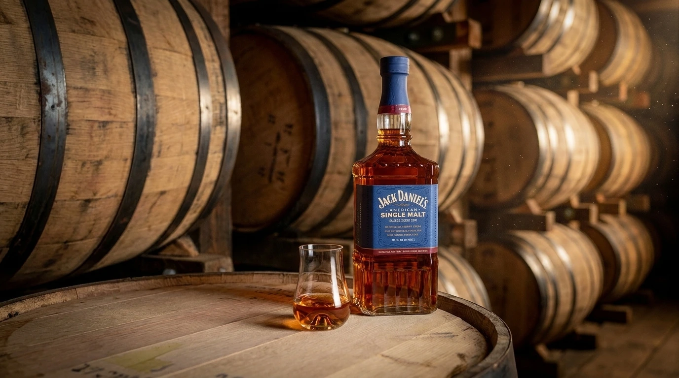 Jack Daniel's American Single Malt bottle with its blue Oloroso Sherry Cask label beside a Glencairn pour on a barrel head in a Lynchburg barrelhouse