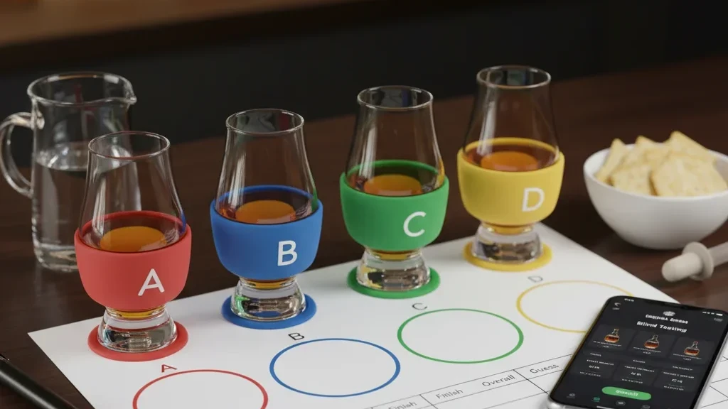 Blind tasting setup with numbered glasses and scorecards.