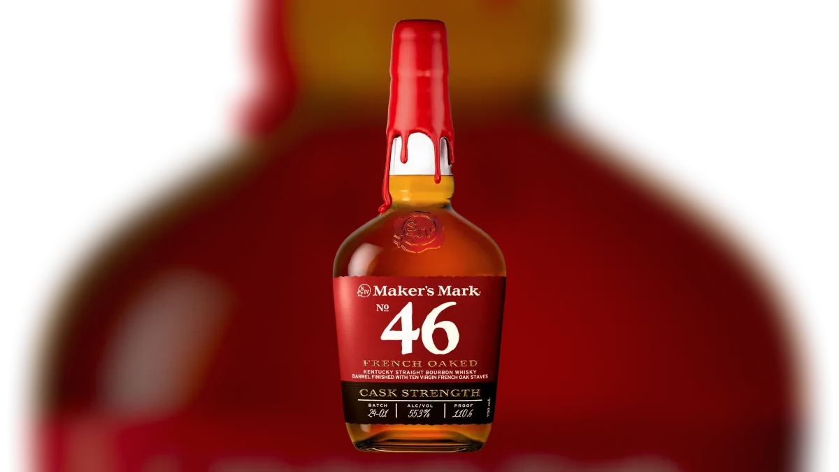 Close-up of a Maker's Mark 46 Cask Strength bourbon label showing proof, barrel finish, and mash bill details.