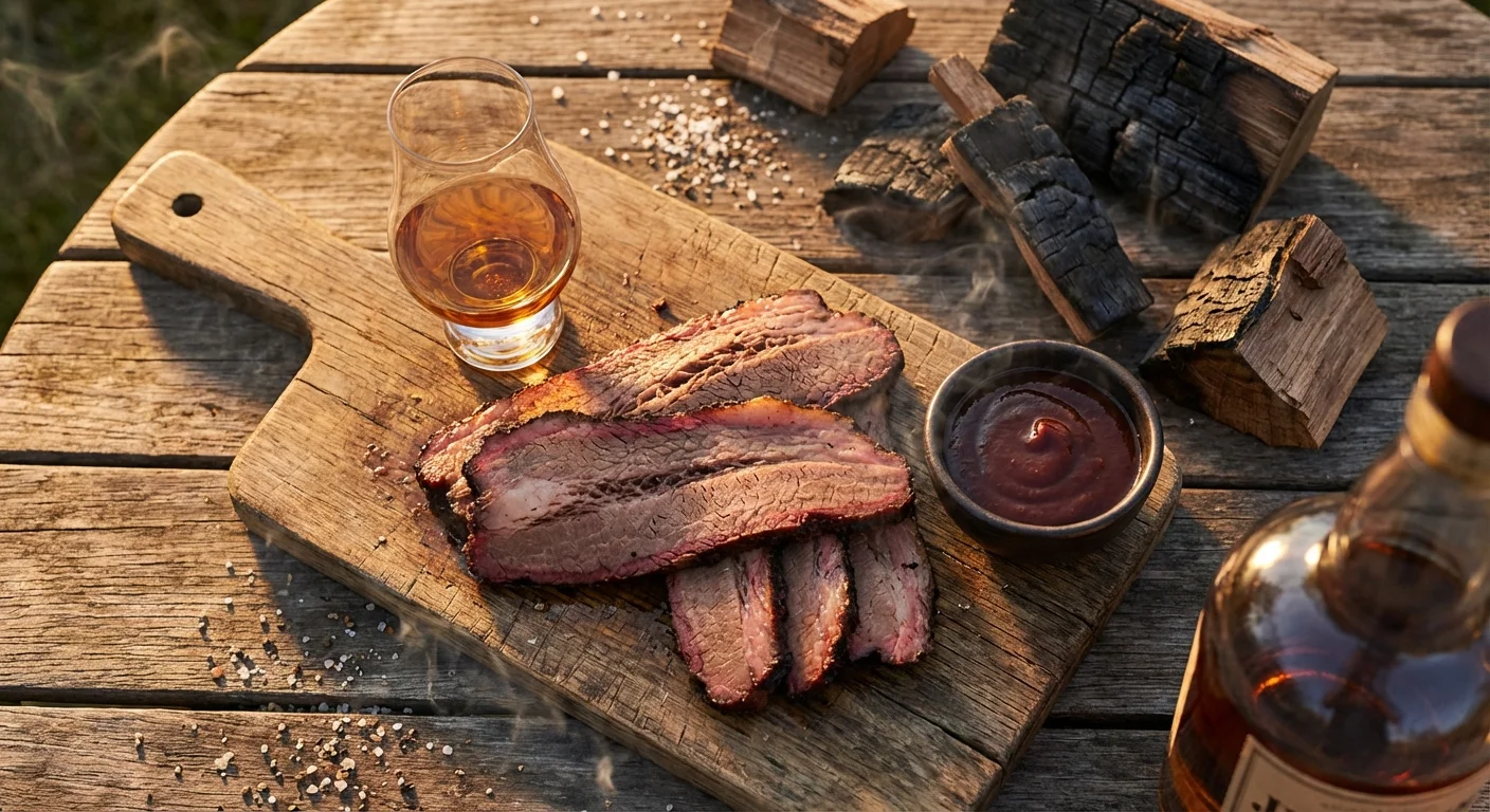 Bourbon glass next to smoked brisket on a cutting board