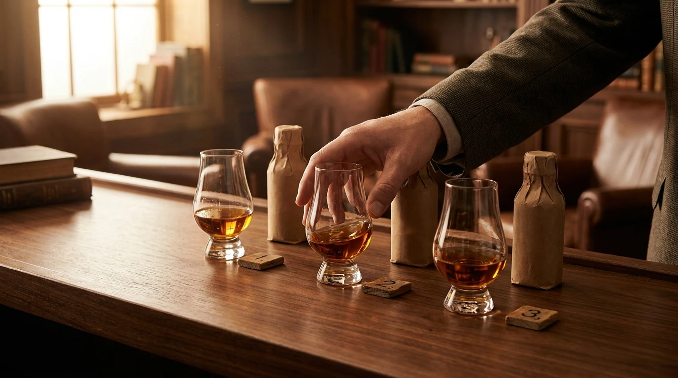 A lit wooden shelf of bourbon bottles including Wild Turkey 101, Maker's Mark, Evan Williams Bottled-in-Bond, and Old Forester, with a placard reading September is Bourbon Heritage Month, 30 Days 30 Drams