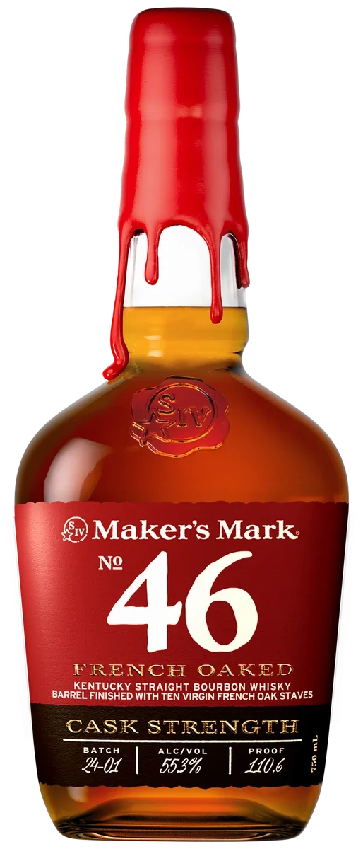 Close-up of a Maker's Mark 46 Cask Strength bourbon label showing proof, barrel finish, and mash bill details.