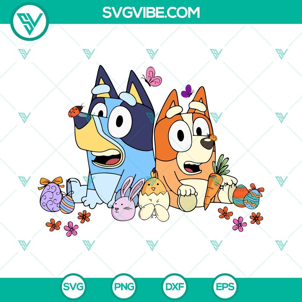 bluey and bingo easter svg aussie heeler cartoon easter svg easter bunny eggs svg happy easter bluey svg png dxf eps 5 mockup