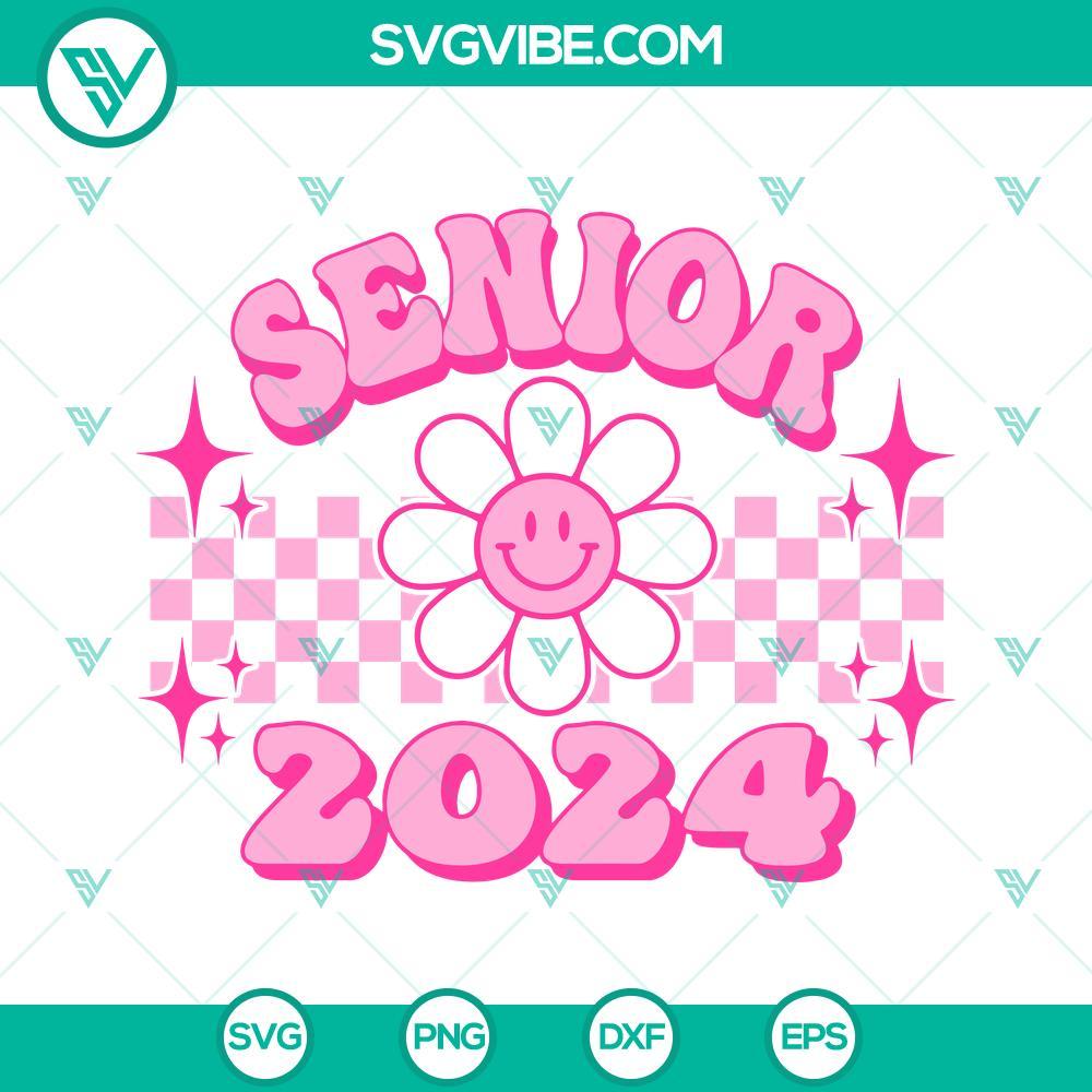 senior 2024 pink smiley face flower svg checkered groovy school 2024 svg png dxf eps 9 mockup