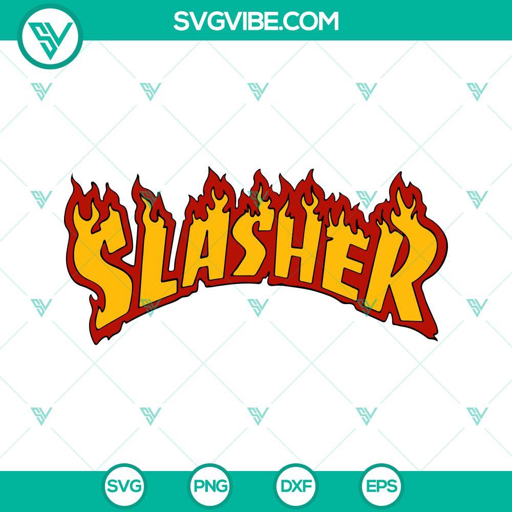 slasher thrasher logo svg horror film svg halloween movie svg png dxf eps digital file 3 mockup