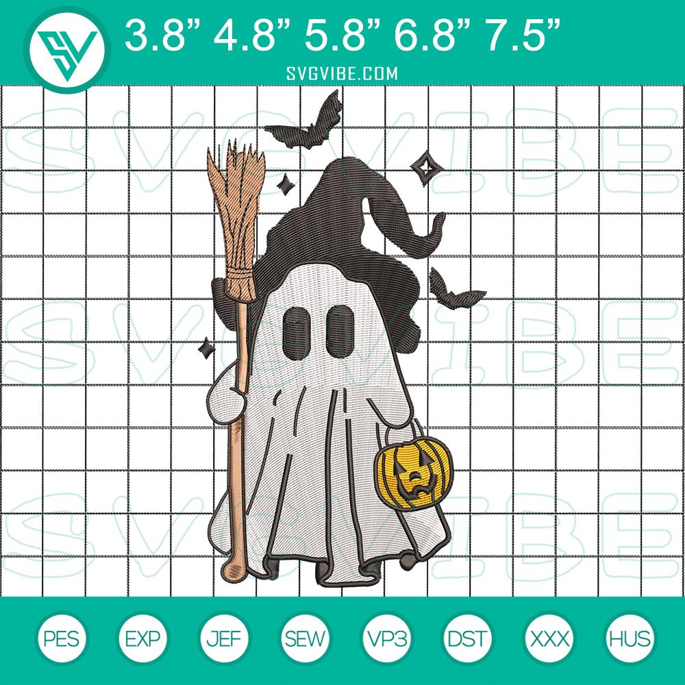 cute halloween ghost%2C ghost holding broom embroidery design