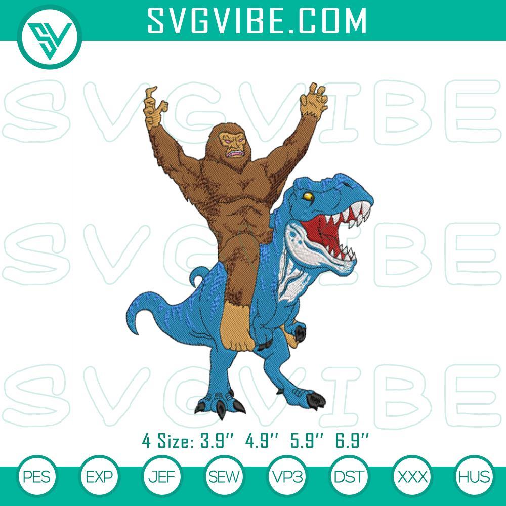 bigfoot riding dinosaur t rex embroidery designs mockup