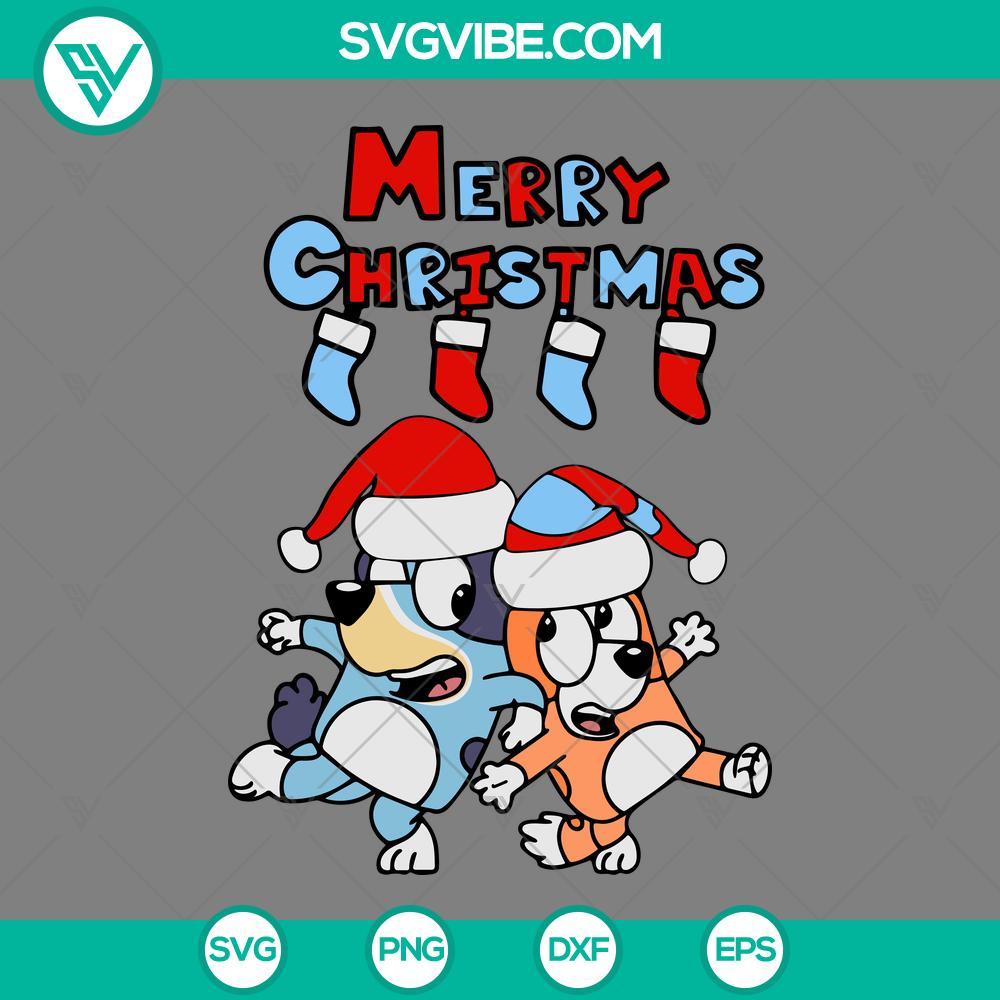 bluey and bingo merry christmas svg bluey with santa hat svg png eps dxf file mockup