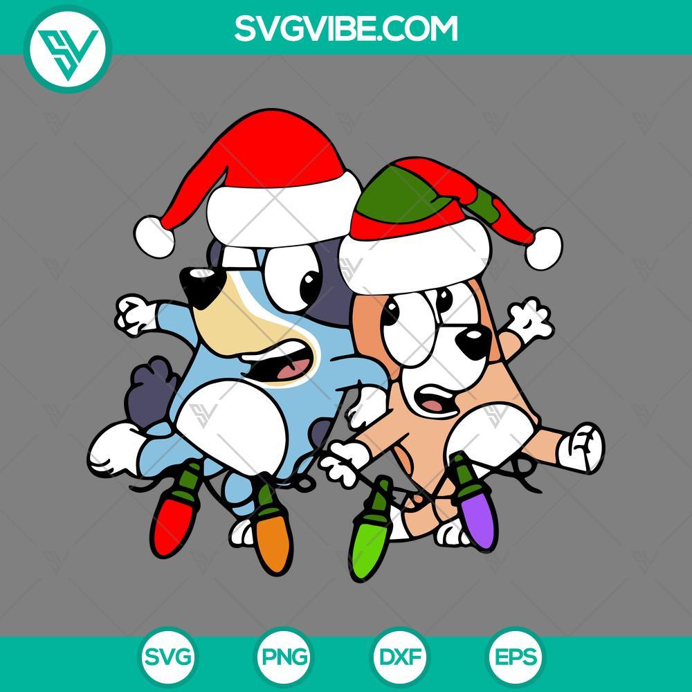 bluey and bingo with santa hat svg bluey christmas lights svg mockup