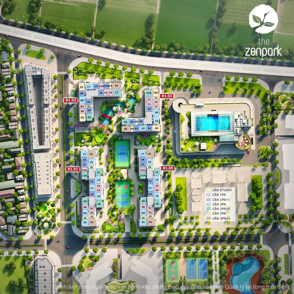 Vị trí cụ thể của các căn hộ R1.02 Vinhomes Ocean Park thuộc phân khu The Zenpark