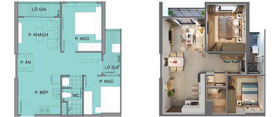 Thiết kế mặt bằng căn hộ S1.09 Vinhomes Ocean Park – căn 2PN