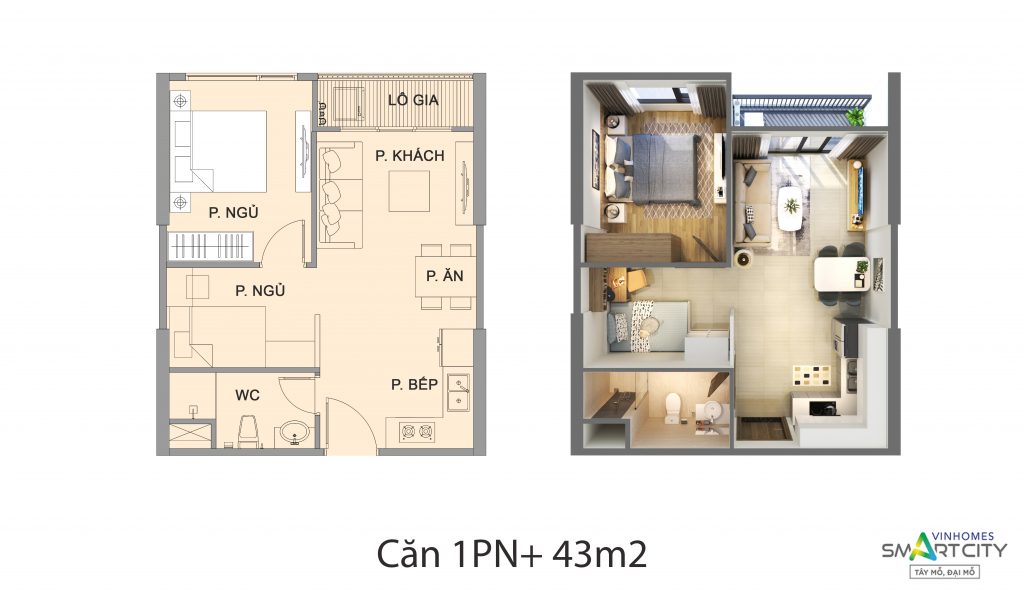 Thiết kế căn hộ 1PN+1 toà S2.05 Vinhomes Smart City