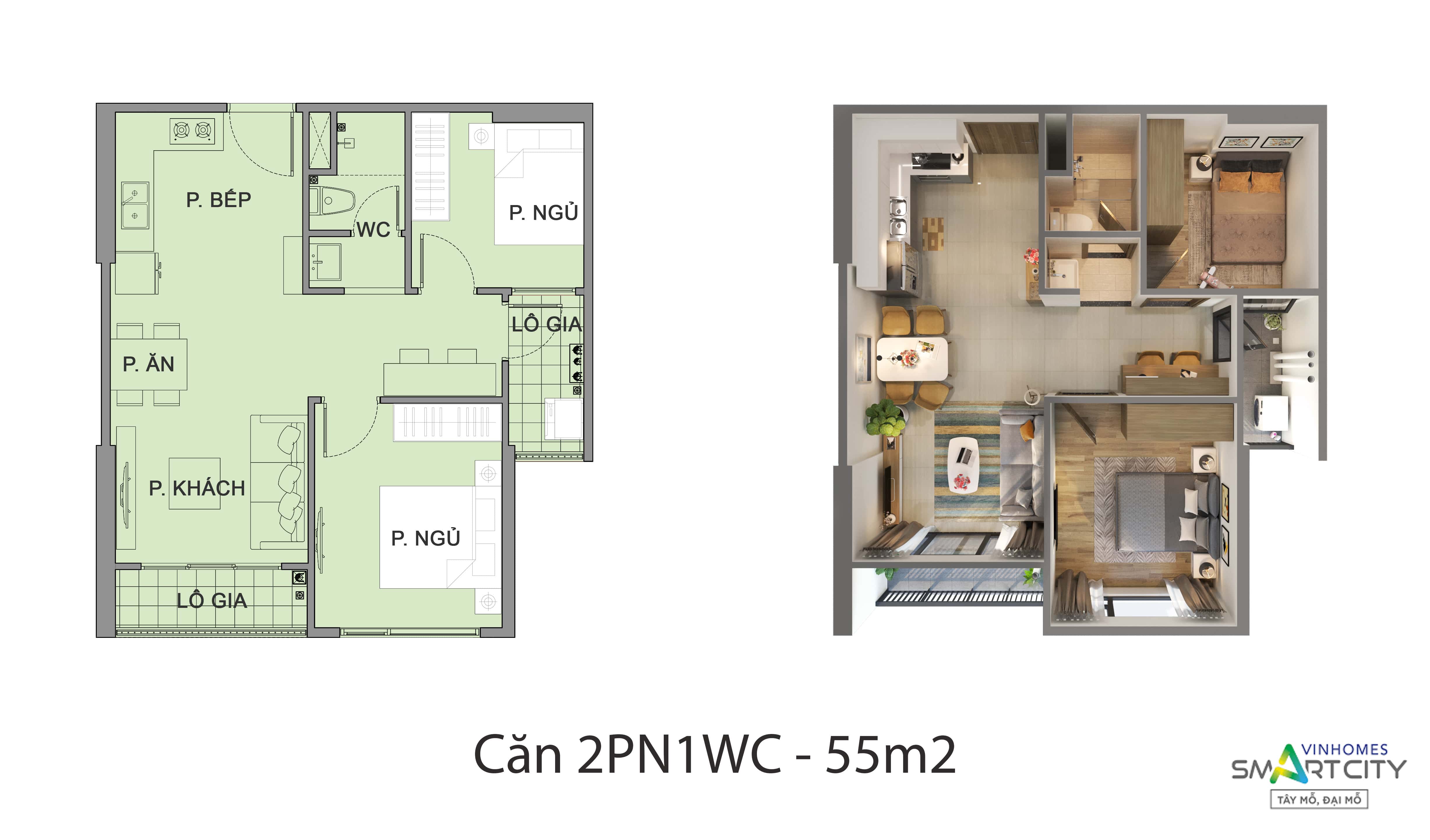 Thiết kế căn hộ 2PN (1WC) toà S2.05 Vinhomes Smart City