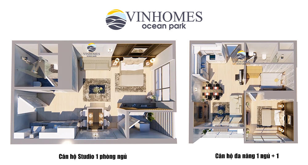 Thiết kế 3D căn hộ S1.06 Vinhomes Ocean Park 1PN và 1PN + 1