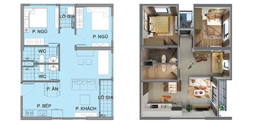 Thiết kế mặt bằng căn hộ S1.08 Vinhomes Ocean Park 2 ngủ 2 WC