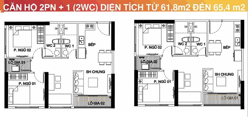 Mặt bằng căn hộ Vinhomes Smart City - 2 ngủ 2WC