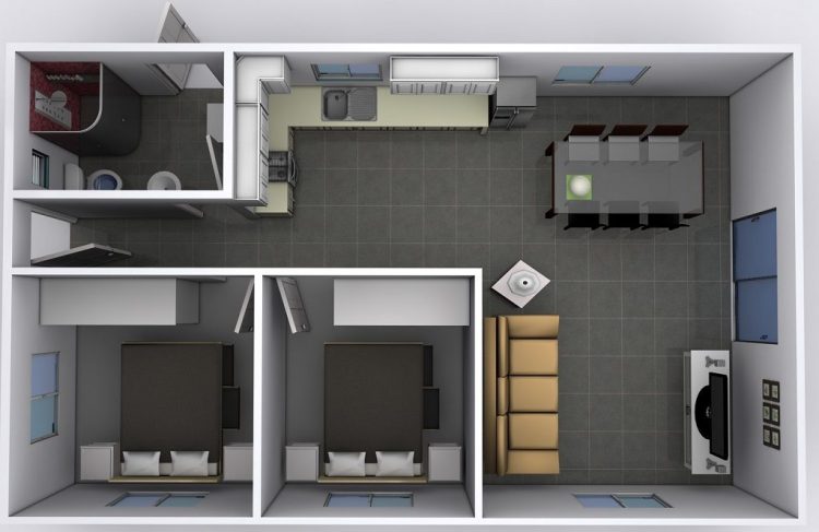 Bản thiết kế mẫu nhà 1 tầng 2 phòng ngủ hiện đại BT311079