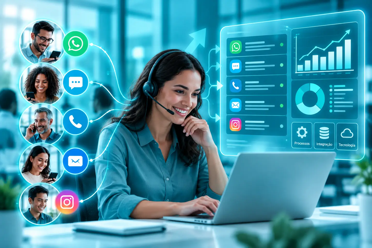 Modernização do contact center representada por atendente, canais de comunicação conectados e painel de indicadores operacionais.