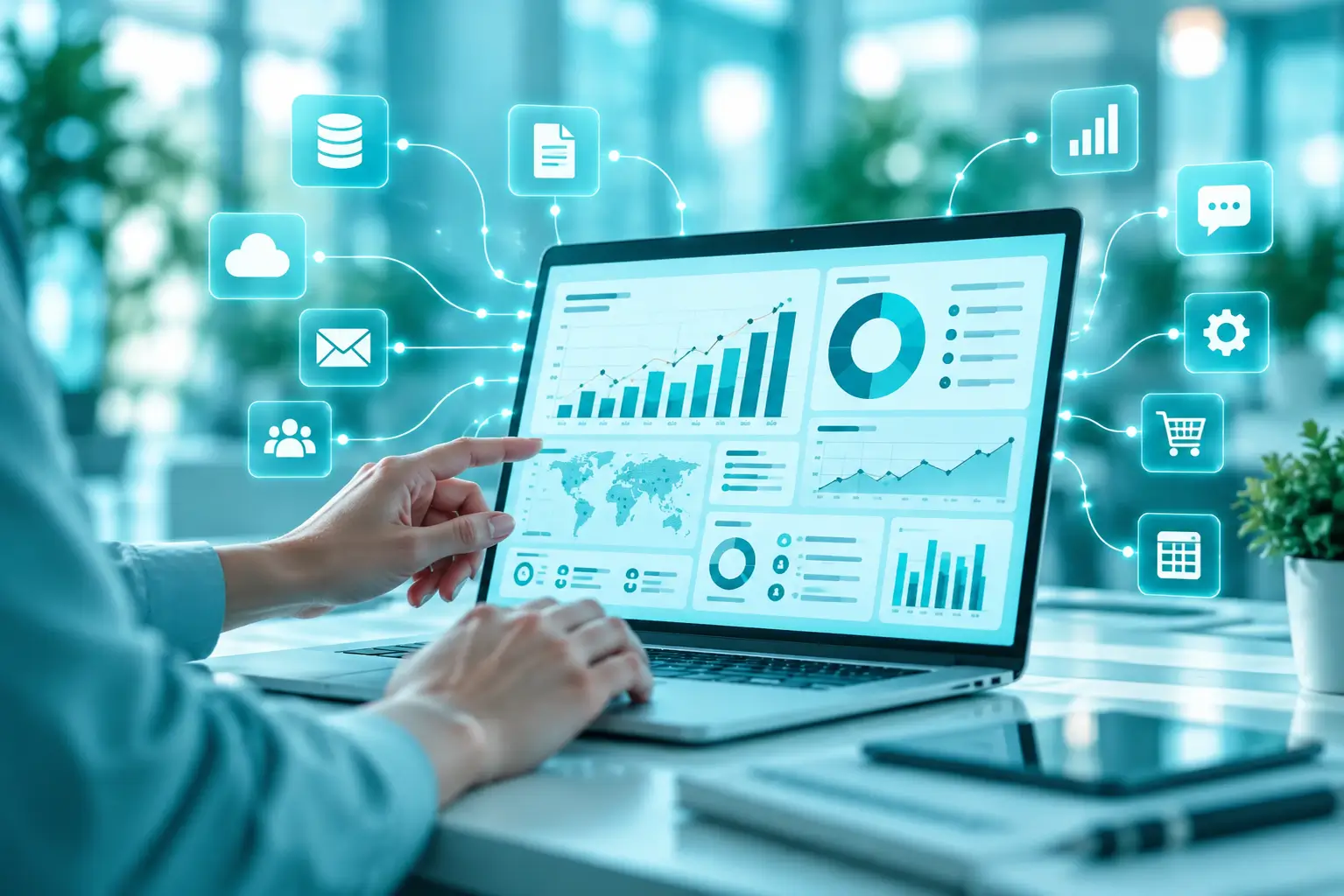 Pessoa analisando dashboard com gráficos e fontes integradas para análise de dados