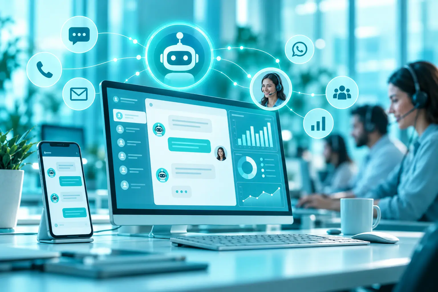 Inteligência artificial no atendimento ao cliente com chatbot, canais integrados, dashboard e atendentes humanos
