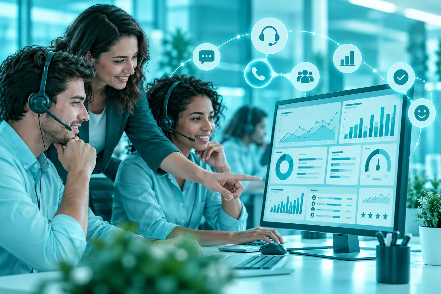 Equipe de call center analisando métricas de atendimento em dashboard com indicadores e canais integrados