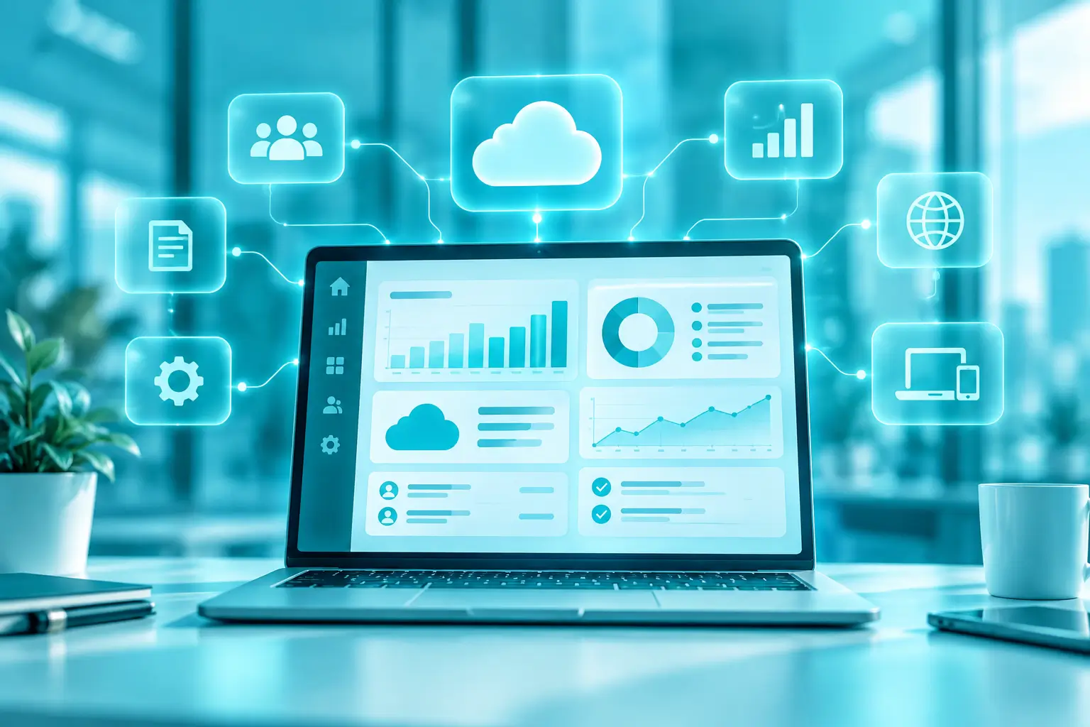 Produtos SaaS em painel digital com nuvem, gráficos e sistemas integrados para transformação digital