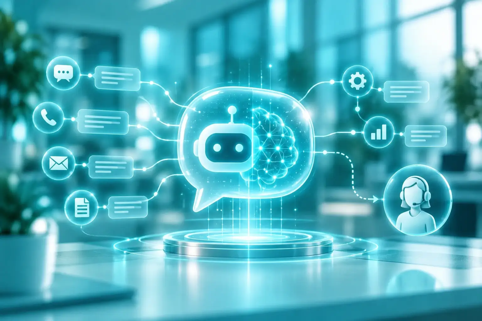 Ilustração de chatbot com IA conectado a uma rede de inteligência artificial, canais de comunicação e atendimento humano.