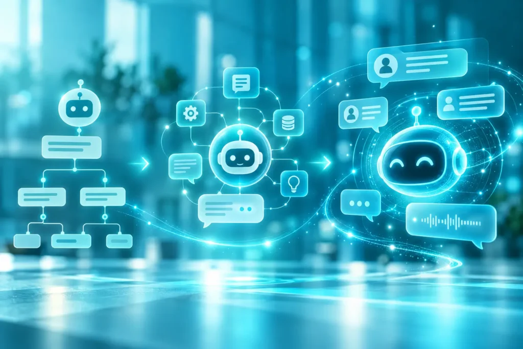 Ilustração da evolução dos chatbots, dos fluxos automatizados baseados em regras até assistentes com inteligência artificial conversacional.