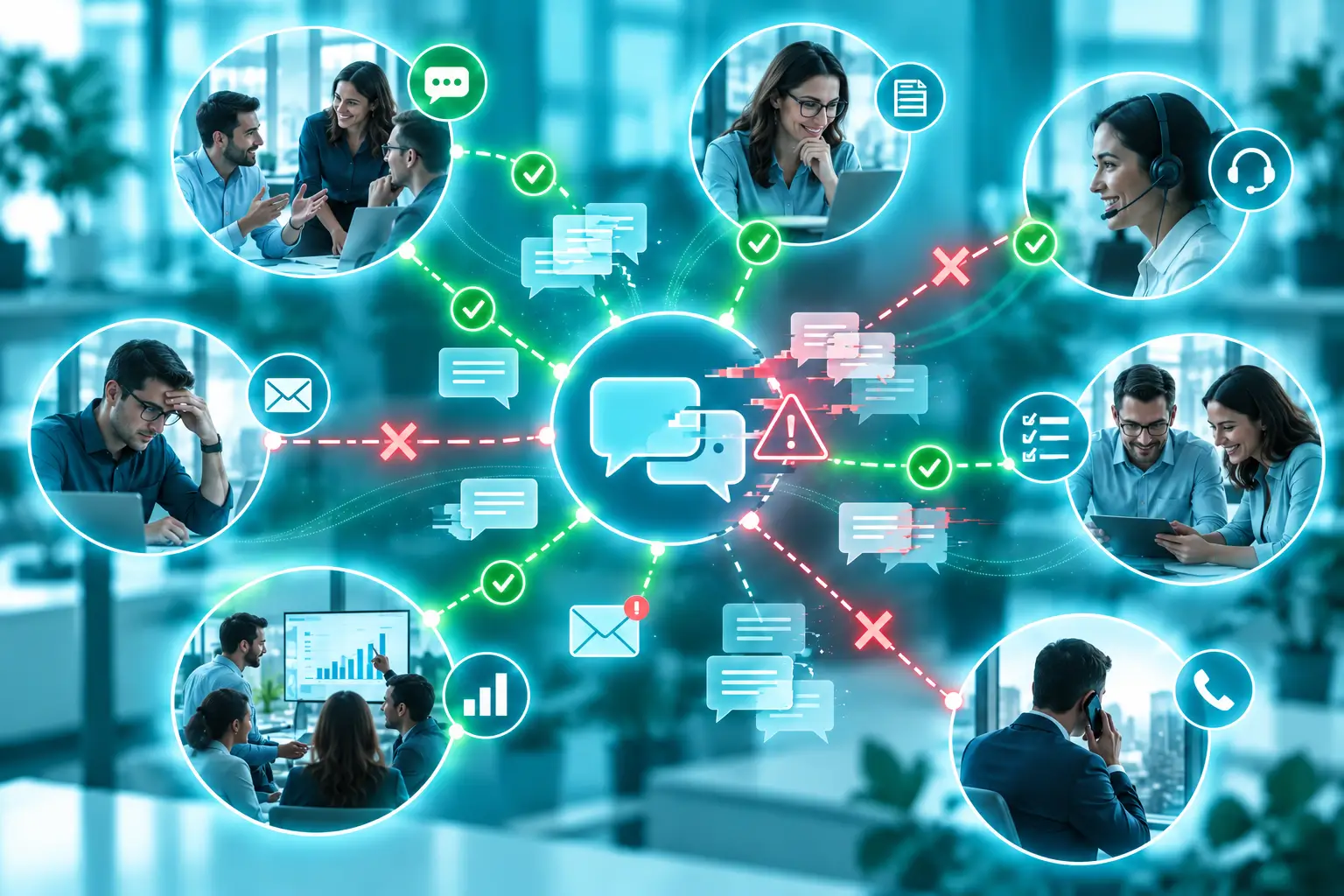 Falhas de comunicação nas empresas representadas por conexões interrompidas em vermelho e fluxos eficientes em verde entre equipes.