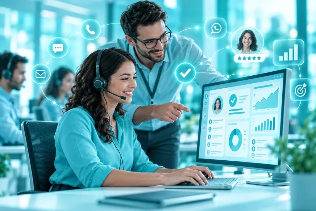 Equipe de contact center acompanhando atendimento, canais integrados e indicadores de qualidade