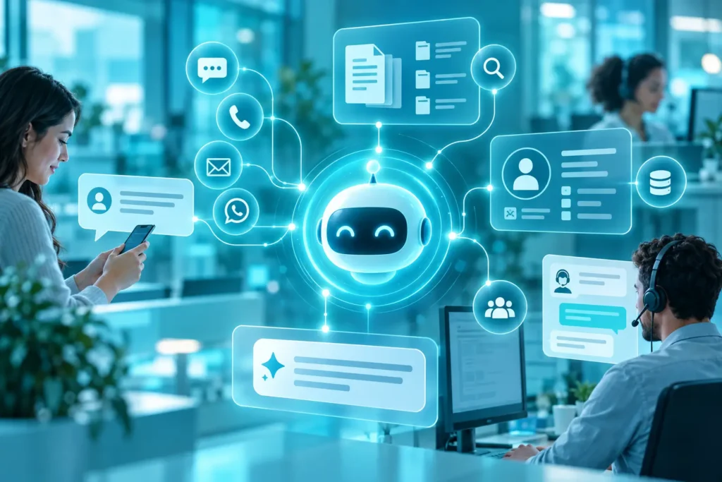 Ilustração de assistentes de IA conectados a canais de comunicação, bases de conhecimento, sistemas corporativos e atendimento humano.